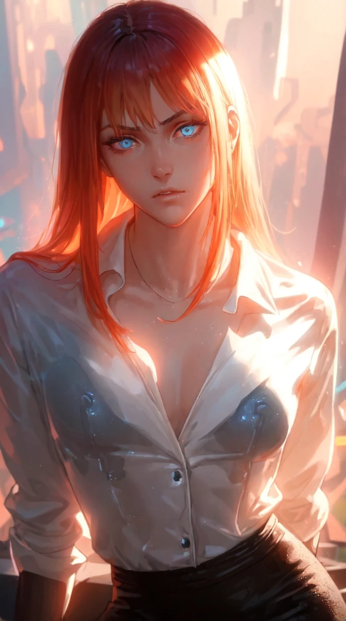 A young woman with short blonde hair and light blue eyes, dressed in a tight black futuristic suit. The suit has luminous details in neon blue, que recorren desde el long neck hasta las piernas, forming lines and patterns. In the center of the chest, there is a luminous circular design, as a device or energy source.
The suit has long sleeves and has black gloves. La joven también lleva black high boots with luminous details en azul. One of his legs has a bright blue band just above the knee.
The young woman's expression is serious and determined., con la Head slightly tilted hacia un lado. La imagen tiene una estética de Science fiction y high technology.
### Additional details for the generator:
- **Hair**: short blonde.
- **Eyes**: light blues.
- **It lasts**: Tight black with neon blue luminous details, long neck, long sleeves.
- **accessories**: black gloves, black high boots with luminous details, bright blue band on one leg.
- **expression**: serious and determined, Head slightly tilted.
- **Style**: futurist, Science fiction, high technology.