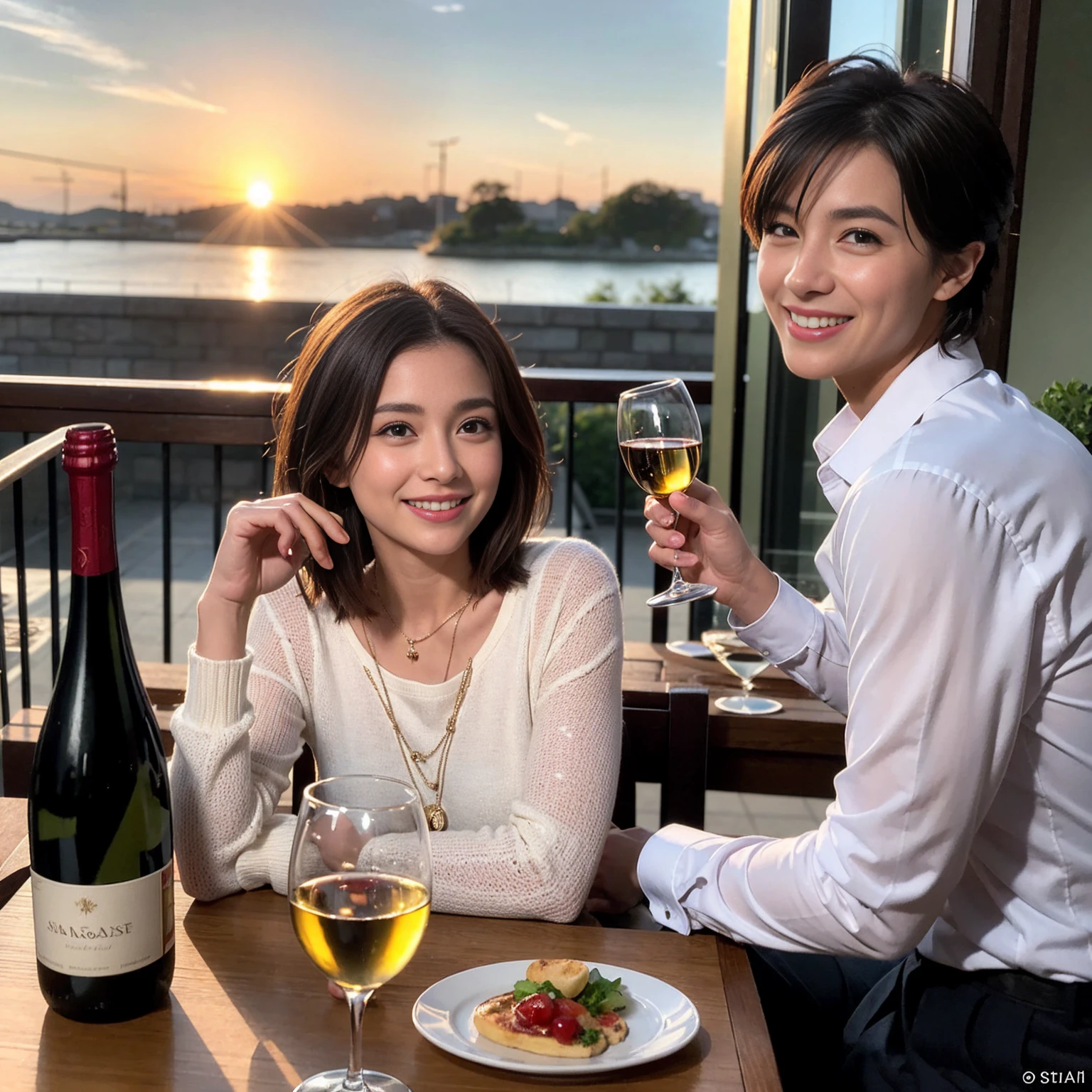 ((Highest quality、8K、masterpiece:1.3))、 (Ultra-realistic、 Genuine、Bright image、Intricate details:1.2), 最高のsmile、1 male、1 female、Beautiful couple、love love love、spouse、spouse、Good friends、actress couple、smile、Full-course dinner at a packed table、 (Slim face), (the body is slim), (Brown Hair), (short hair), テーブルのwine glass、Please shine a light on my face、 Amazing view of the sunset sky and clouds、36 years old、 years old, red wine 、Appetizers、Wine bottle、sparkling wine、Long sleeve shirt、dress、White wine, red wine, wine glass, 