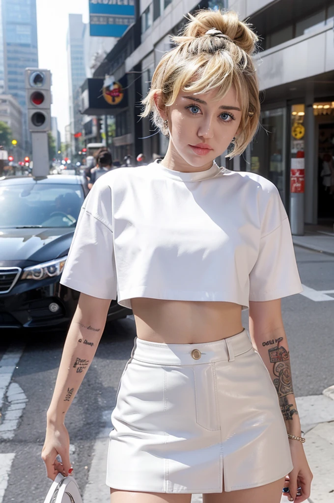Miley Cyrus, beautiful, white crop top shirt, super short leather skirt, posing for photos on the street