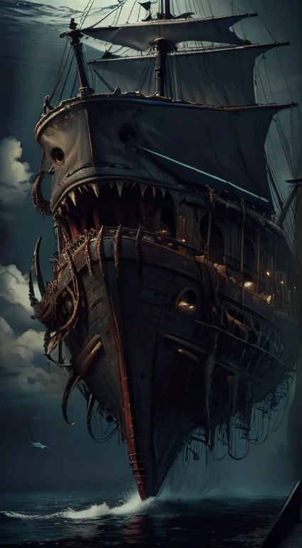 wet, dripping, (Masterpiece:1.3) (best quality:1.2) (high quality:1.1), a shark mimics as a pirate ship to capture humans. Mimicry. Mimic