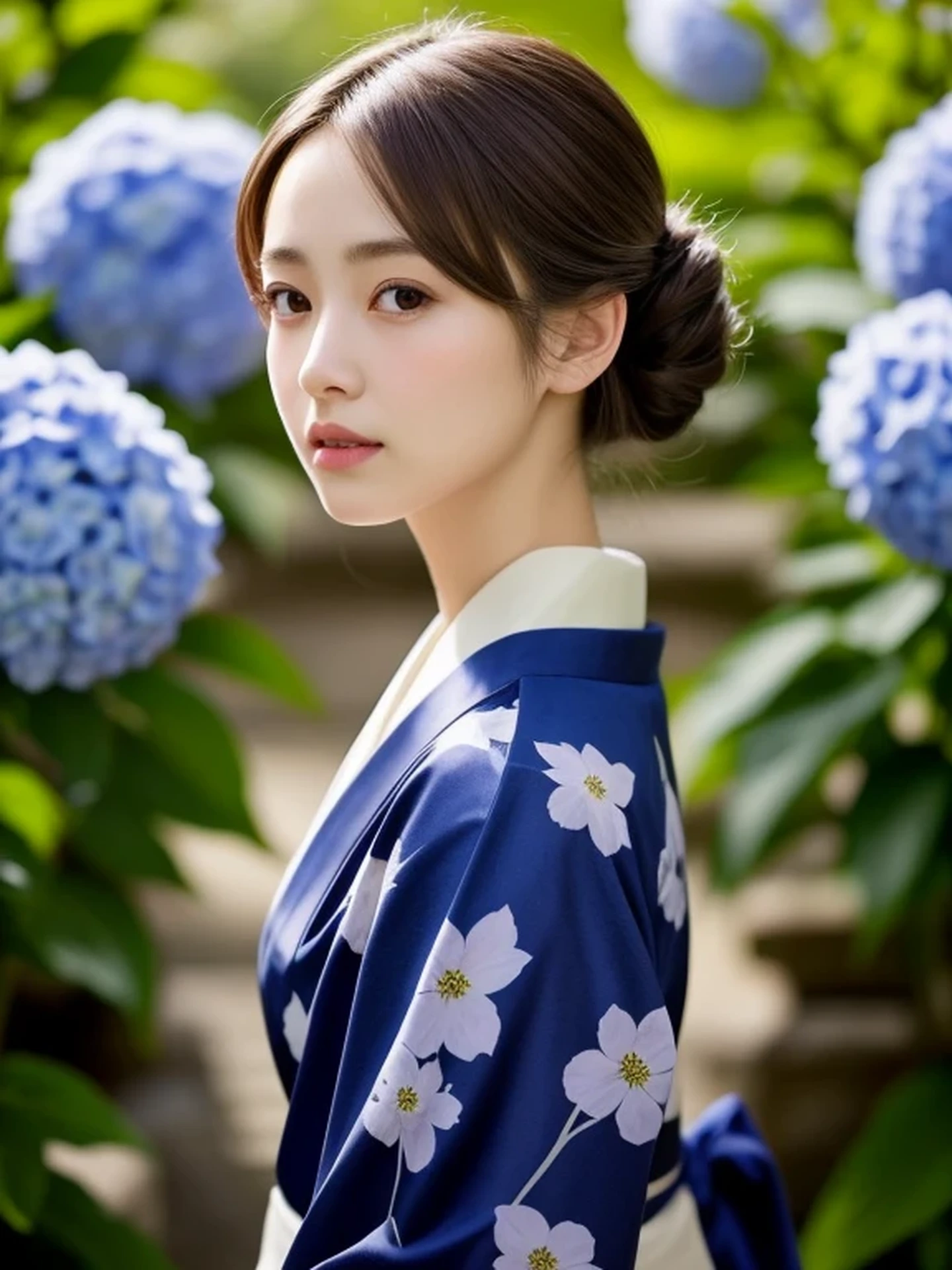 1 Japanese girl, (looking away:1.4), (upper body shot:1.2), Beautifully detailed eyeballs, catchlight in the eyes, Realistic digital painting of a woman portrait, Shy,  Cute,  open mouth to say something, sad, brown eyes,  (half updo,:1.1), (light brown brunette hair:1.3), (Highly detailed skin:1.2), Mystical style, Global Illumination, Traditional Japanese　floral printed Kimono, A silk kimono with a deep indigo base. A garden with many blooming hydrangeas