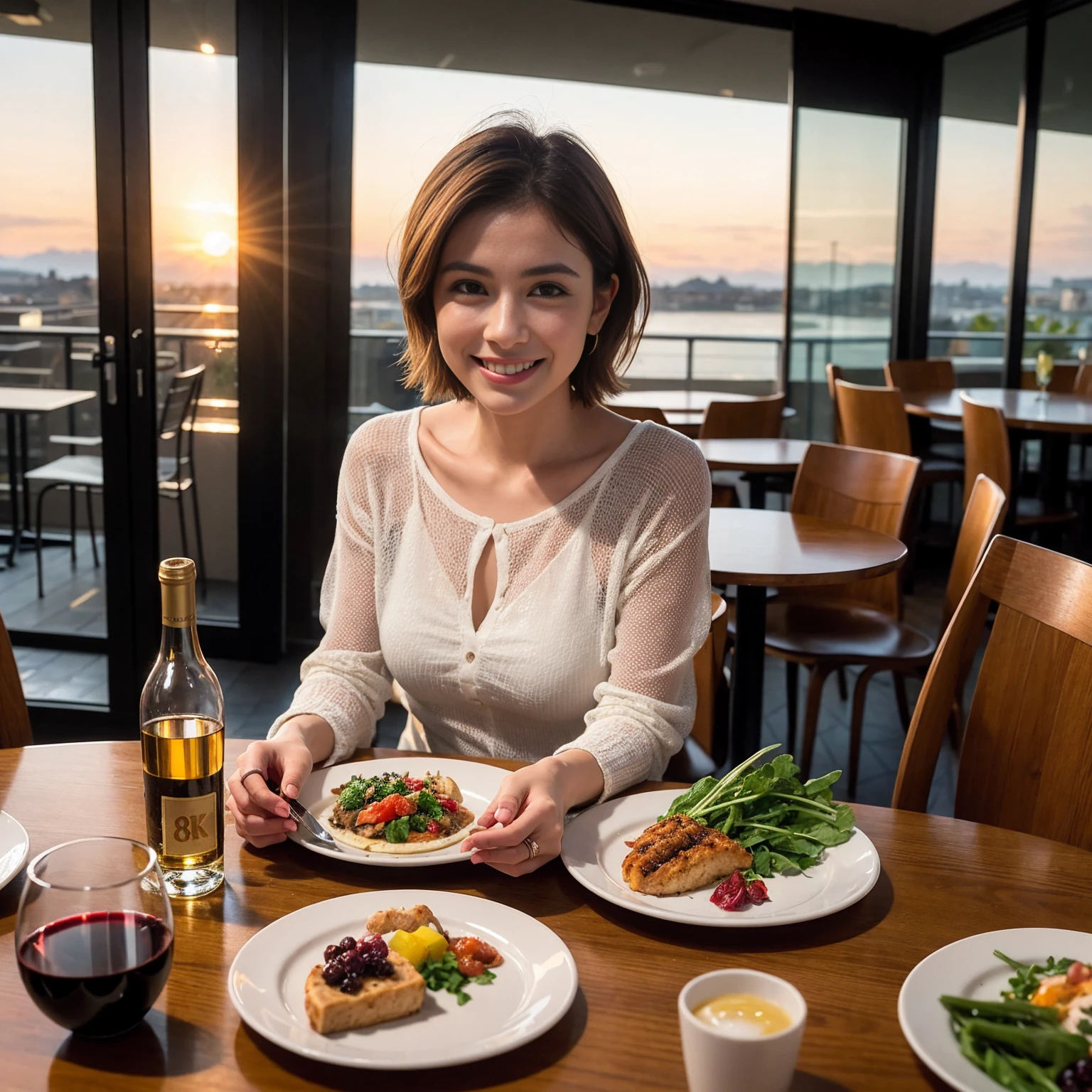 ((Highest quality、8K、masterpiece:1.3))、 (Ultra-realistic、 Genuine、Bright image、Intricate details:1.2), 最高のsmile、1 male、1 female、Beautiful couple、love love love、spouse、spouse、Good friends、actress couple、smile、Full-course dinner at a packed table、 (Slim face), (the body is slim), (Brown Hair), (short hair), テーブルのwine glass、Please shine a light on my face、 Amazing view of the sunset sky and clouds、9 years old, red wine 、Appetizers、Wine bottle、sparkling wine、Long sleeve shirt、dress、White wine, red wine, wine glass, 