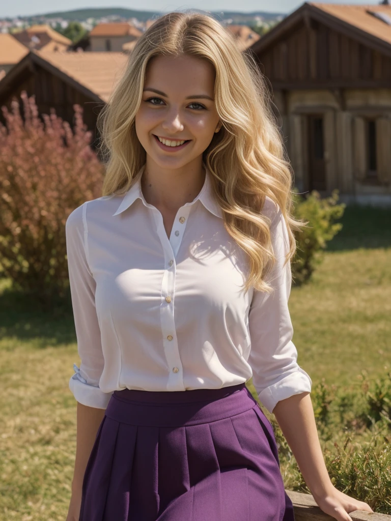 1 girl, solo, ((ugly:1.4)), ((Croatian woman)), sharp image, name is Sauri, (25 years old), (((consistent face and image))), (long blonde wavy hair), (((Croatian face and nose))), (upper body and upper legs)), (slim), (wearing purple blouse and skirt), (overlooking outside Burgundy), smiling, ((mature and smirking)), ((wide angle shot))