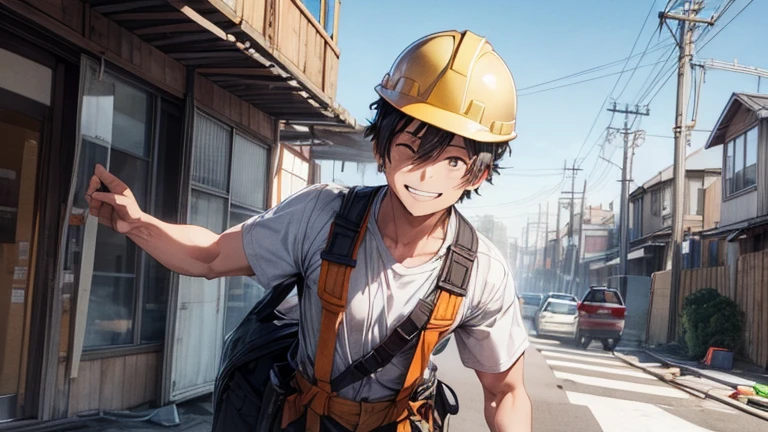 Smiling Japanese man wearing work clothes, helmet, working at a construction site. He looks happy, working. He is using heavy machinery. He is moving. He is using a full harness safety belt.