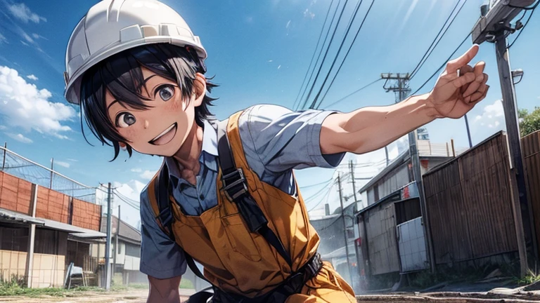 Smiling Japanese man wearing work clothes, helmet, working at a construction site. He looks happy, working. He is using heavy machinery. He is moving. He is using a full harness safety belt.