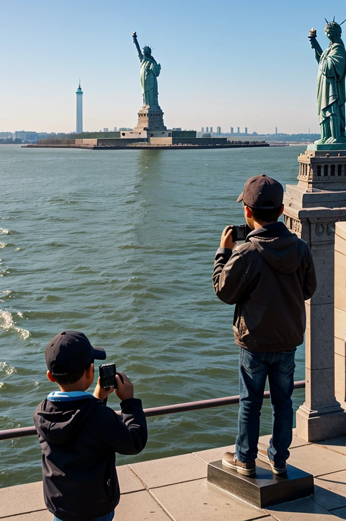 A boy taking a photo at the Statue of Liberty