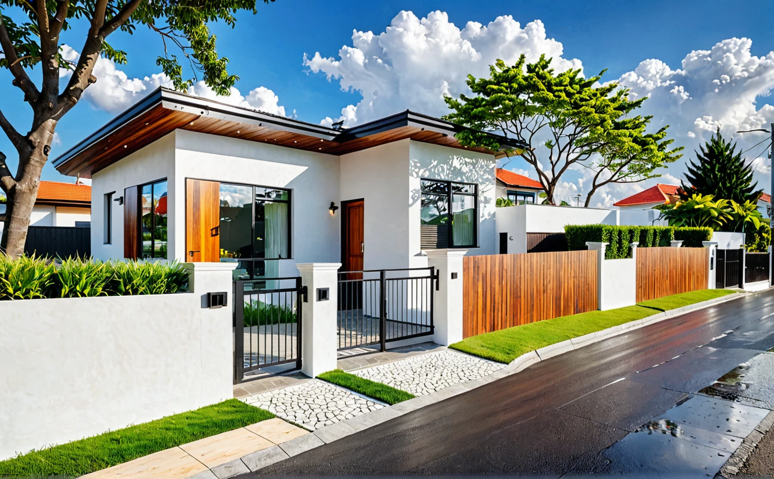 Raw photo,Masterpiece, high quality, best quality, authentic, super detail,
outdoors, house style modern on the street, white wall, glass windows, wooden ceiling, balcony, gate, minimalist line
road,pavement, grass, trees, sky, cloud, (day:1.1), vivid colour,