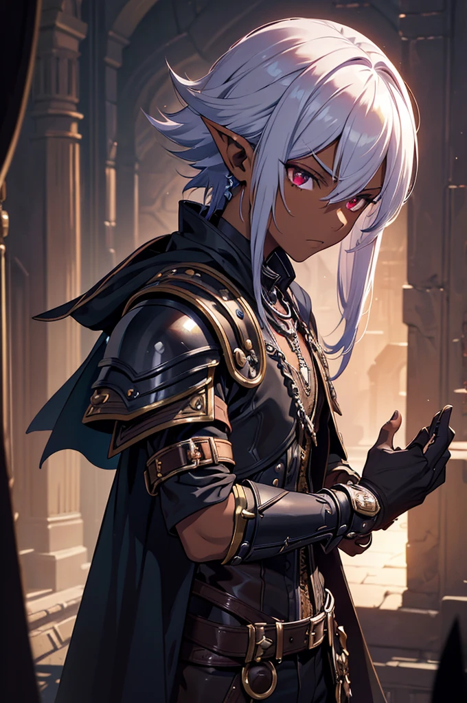 masterpiece,best quality,ultra high res,1boy,deep shadow,dark theme, ((mix between dungeonpunk and steampunk armor)), (serious), fantasy illustration, dark skinned, human, upper body, portrait, red eyes, long white hair, (wearing armor), Xemnas from Kingdom Hearts, half-drow, pointy ears, serious face, dramatic lighting, purple hue, art by Kinema Citrus and Tetsuya Nomura