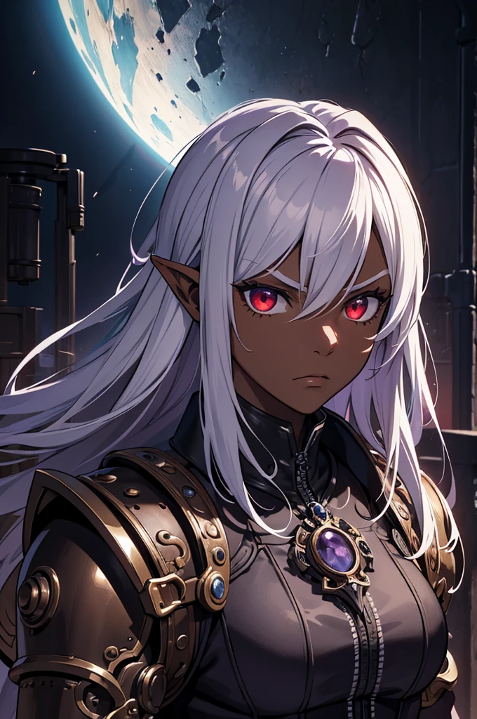 masterpiece,best quality,ultra high res,1boy,deep shadow,dark theme, ((mix between dungeonpunk and steampunk armor)), (serious), fantasy illustration, dark skinned, human, upper body, portrait, red eyes, long white hair, (wearing armor), Xemnas from Kingdom Hearts, half-drow, pointy ears, serious face, dramatic lighting, purple hue, art by Kinema Citrus and Tetsuya Nomura