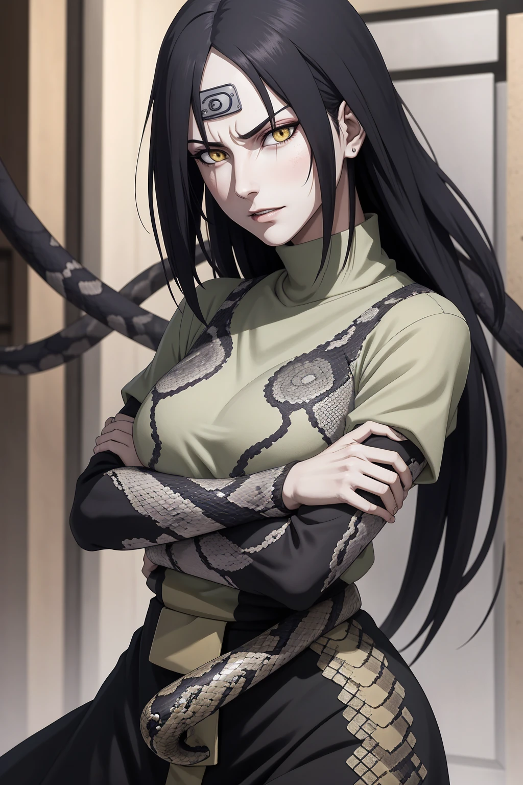{-erro_de_anatomia:1.0} estilo anime, Masterpiece, absurdities, Orochimaru\(Naruto\), 1girl Solo, Mature woman, Oversized shirt with broad shoulders, Perfect composition, Detailed lips, large breasts, Beautiful face, body proportion, Blush, Long black hair, ( black hair), yellow eyes, (snake eyes), Soft gauze, Super realistic, Detailed, photo shoot, Realistic faces and bodies, masterpiece, best quality, best illustration, hyper detailed, 1 girl, solo, glamorous, blushing, whole body, angry face, on attack