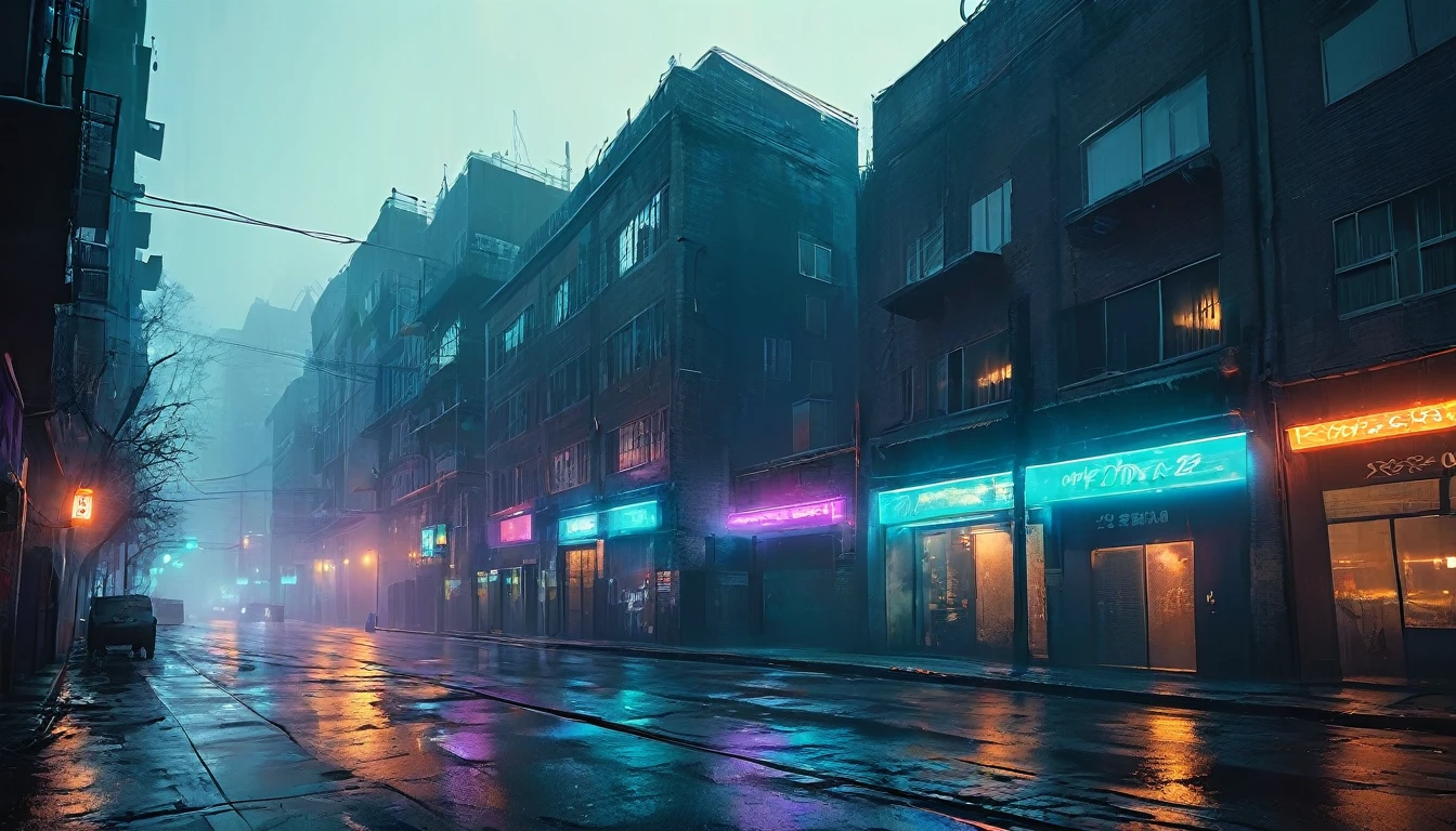 Futuristic night scene of a city with dim lighting and bluish tones. A character is walking backwards on a deserted and foggy street. on the right, there are several vehicles with headlights on, emitting light through the fog. Tall, dark buildings with bright windows line the street, giving a sense of depth and mystery. The atmosphere is thick, with a combination of neon lights and shadows, creating a dark and dystopian environment,hyper realistic composition,32k resolution,cinematic composition,cinematic color grading.photography whit Phaseone 85mm,depth of field. colors:#CEDBE1#D3B9AO#73503C#A6826D#261B17