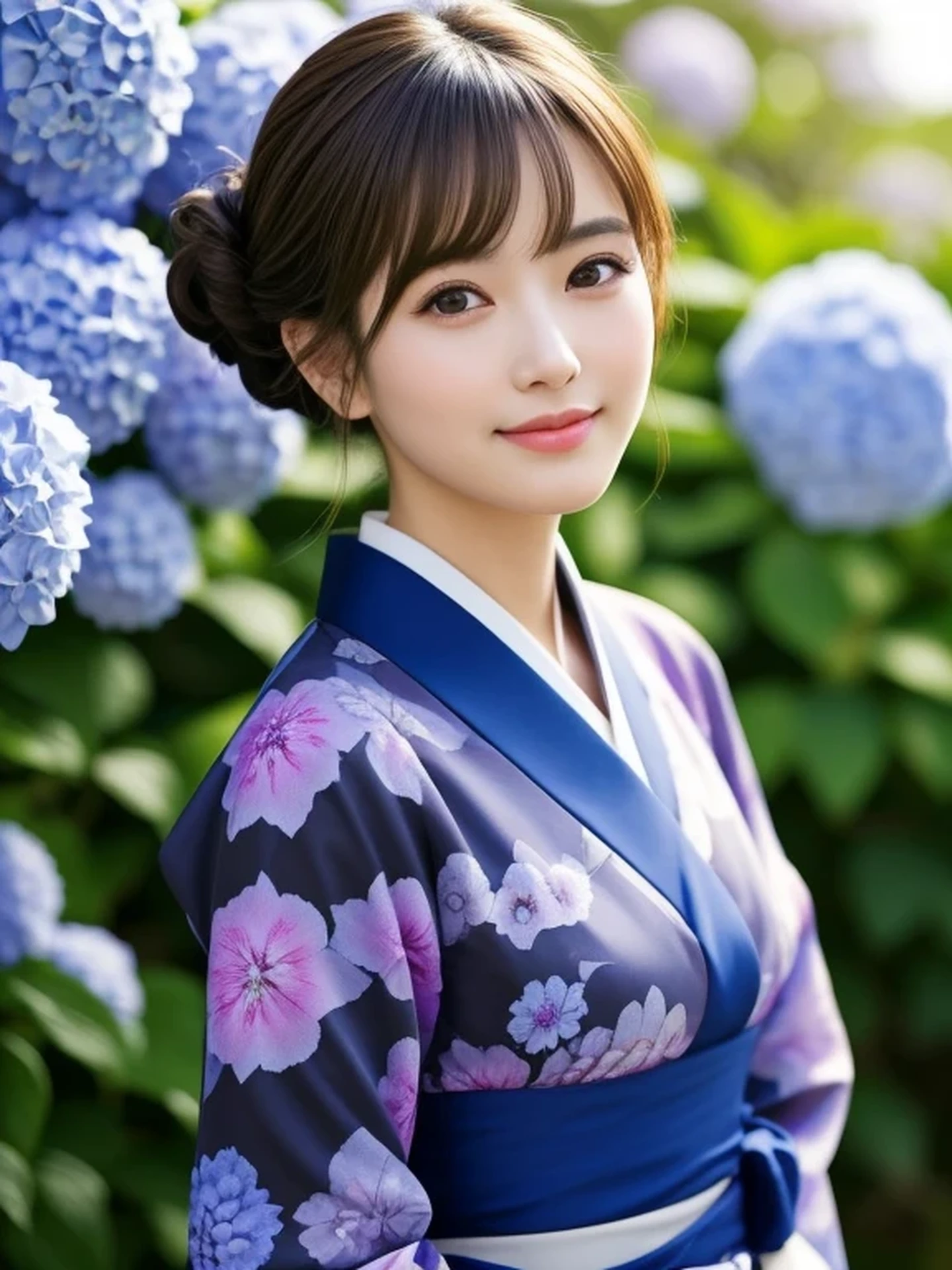 1 Japanese girl, (Looking at Viewer
:1.4), Staring Intently, (upper body shot:1.2), Beautifully detailed eyeballs, catchlight in the eyes, Realistic digital painting of a woman portrait, Shy, Cute, happy smile, brown eyes, (half updo,:1.1), (light brown brunette hair:1.3), (Highly detailed skin:1.2), Mystical style, Global Illumination, Traditional Japanese floral printed Kimono, A silk kimono with a deep indigo base, A garden with many blooming hydrangeas