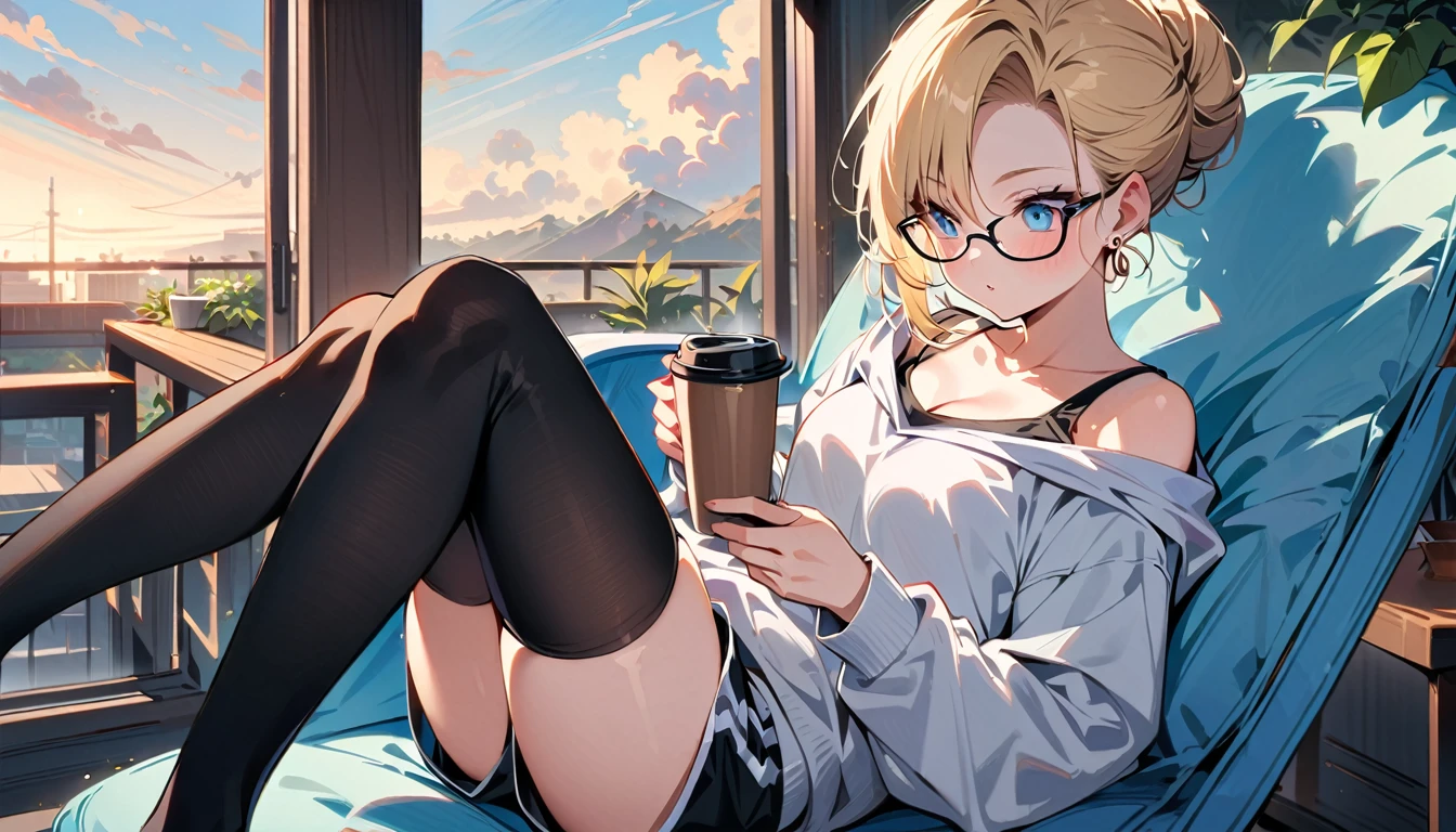 (masterpiece, best quality:1.2), solo, Android 18 from Dragon Ball, ((light gray hooded sweatshirt, Oversized hooded sweatshirt, long sleeve, black thin thigh highs, gray dolphin shorts, knees up, beautiful , thighs)), small , blonde hair, (single hair bun), ((blue eyes)), (wearing glasses), earrings on earlobes, slender feminine figure, skinny body, (reading a book), , off shoulder, light blush, chill, hot coffee, organized, simple, white-based interior, a few plants, cloudy sky, terrace, magnificent view, blur background, 4K, on the cute chair, (pale blue chair),
