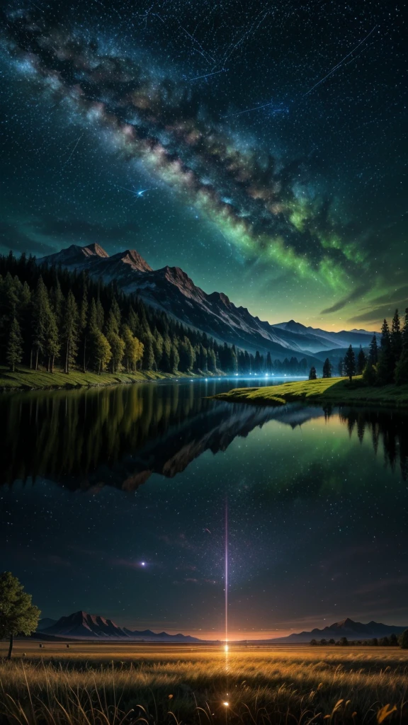 (Logo, Amazing, 8K, Tabletop, Raw Photo, Amazing, Top Quality, Photorealistic and Highly Detailed, CG, High Quality, Highly Detailed, Narrative Verse, Particle Effects, Dynamic Effects, Text Border the depth, cinematic lights, flares, raytracing, tabletop, realistic, ultra HD, fantasy), the wind, the beauty and brilliance of mountains and forests, the serenity and beauty of the world's grasslands and vast lands, Lakeside, wonderful scenery, beautiful natural scenery, night, starry sky, constellation, full moon, space, gorgeous, view, water, constellation, wonder, fantastic, meteor, magic, best illumination, best shadow