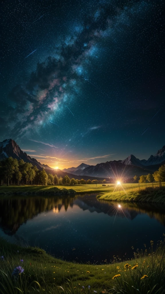 (Logo, Amazing, 8K, Tabletop, Raw Photo, Amazing, Top Quality, Photorealistic and Highly Detailed, CG, High Quality, Highly Detailed, Narrative Verse, Particle Effects, Dynamic Effects, Text Border the depth, cinematic lights, flares, raytracing, tabletop, realistic, ultra HD, fantasy), the wind, the beauty and brilliance of mountains and forests, the serenity and beauty of the world's grasslands and vast lands, Lakeside, wonderful scenery, beautiful natural scenery, night, starry sky, constellation, full moon, space, gorgeous, view, water, constellation, wonder, fantastic, meteor, magic, best illumination, best shadow