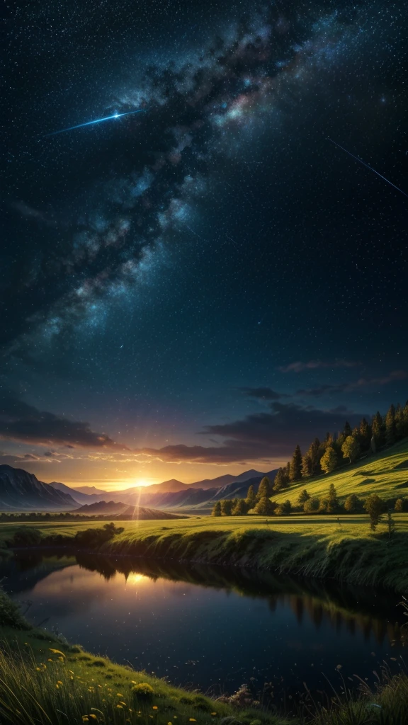 (Logo, Amazing, 8K, Tabletop, Raw Photo, Amazing, Top Quality, Photorealistic and Highly Detailed, CG, High Quality, Highly Detailed, Narrative Verse, Particle Effects, Dynamic Effects, Text Border the depth, cinematic lights, flares, raytracing, tabletop, realistic, ultra HD, fantasy), the wind, the beauty and brilliance of mountains and forests, the serenity and beauty of the world's grasslands and vast lands, Lakeside, wonderful scenery, beautiful natural scenery, night, starry sky, constellation, full moon, space, gorgeous, view, water, constellation, wonder, fantastic, meteor, magic, best illumination, best shadow