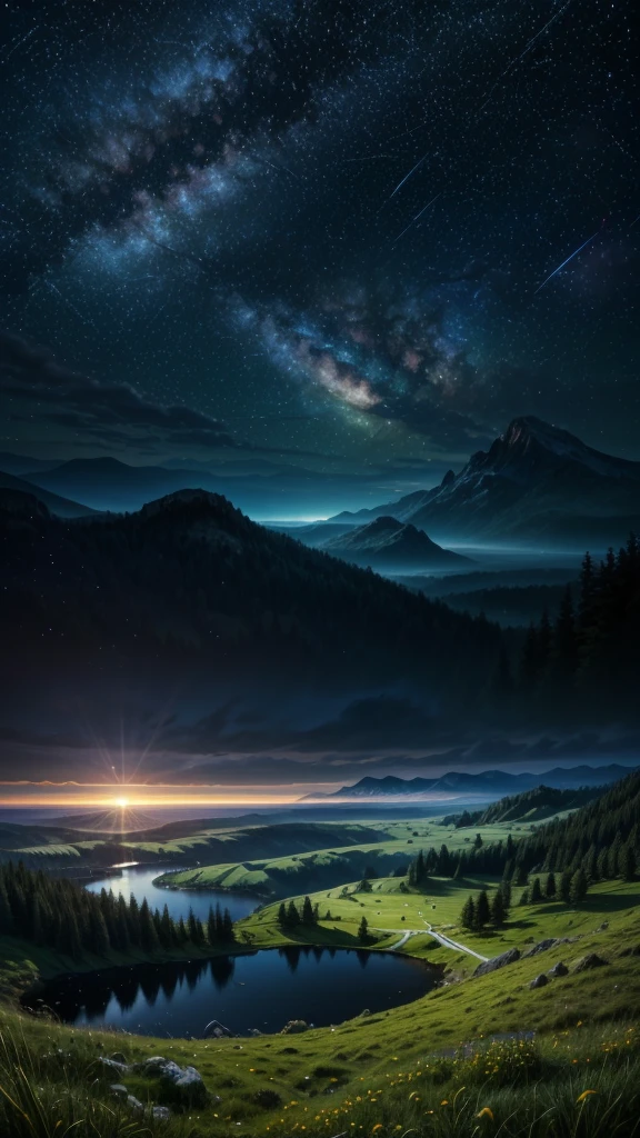 (Logo, Amazing, 8K, Tabletop, Raw Photo, Amazing, Top Quality, Photorealistic and Highly Detailed, CG, High Quality, Highly Detailed, Narrative Verse, Particle Effects, Dynamic Effects, Text Border the depth, cinematic lights, flares, raytracing, tabletop, realistic, ultra HD, fantasy), the wind, the beauty and brilliance of mountains and forests, the serenity and beauty of the world's grasslands and vast lands, Lakeside, wonderful scenery, beautiful natural scenery, night, starry sky, constellation, full moon, space, gorgeous, view, water, constellation, wonder, fantastic, meteor, magic, best illumination, best shadow