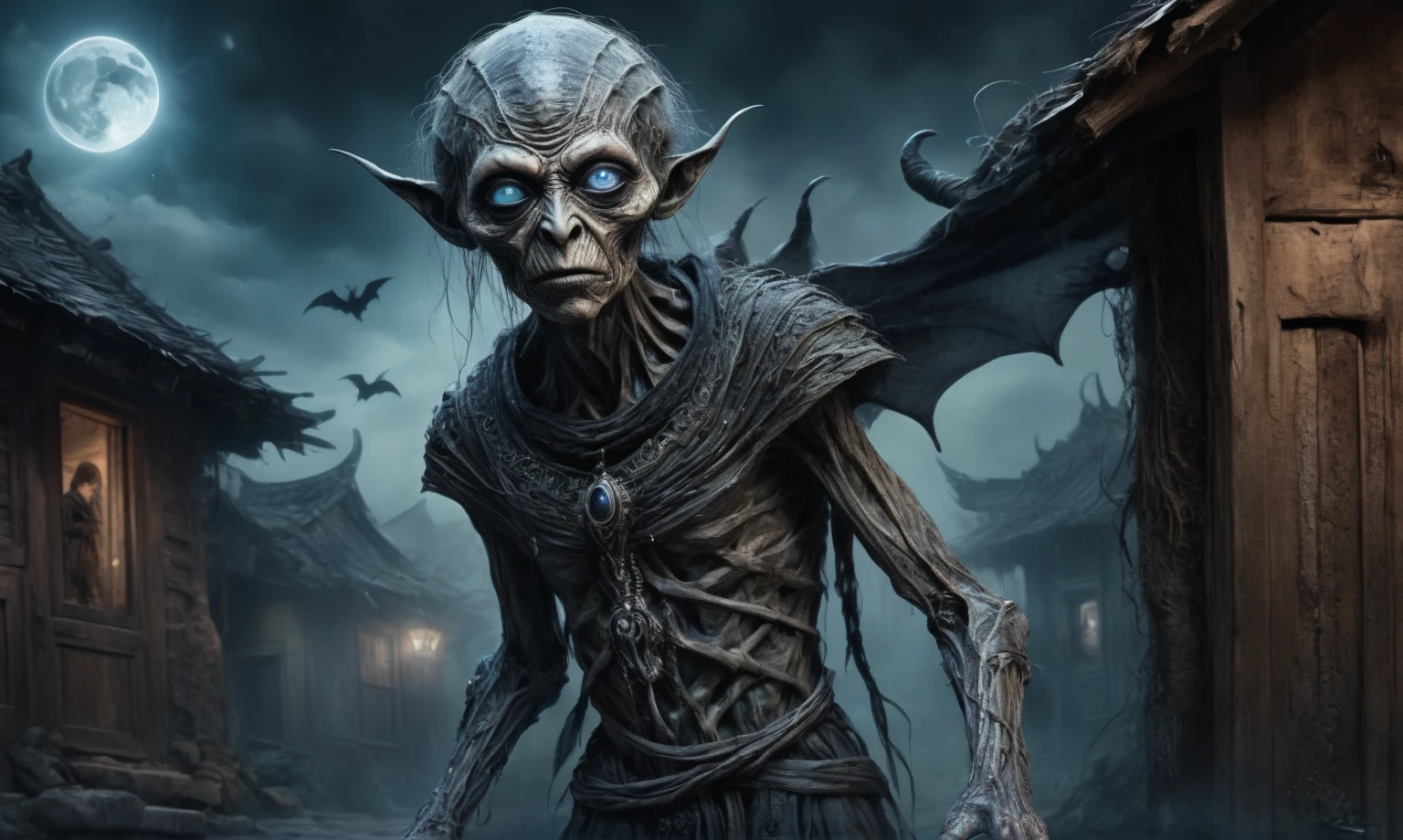 full body length shot,beggar niobium graphite mummy of Alien Entity,native africa sparas ,medieval azctec city,Cinematic,soft colors, Technicolor,natural skin textures, hyper realism, hyper detailed,Extremely detailed,High contrast,Masterpiece,Realistic,Ultra Detailed, intricate details,realistic humid leather,extremely intricate,Epic Realistic, cinematic style, irina yermolova,high contrast,hdr,extremely detailed, [deep night landscape],masterpiece, intricate details, eyes extremely detailed, high detailed eyes,8k resolution,retina, Nikon Z9,Korea,orc,Li River in Guangxi Zhuang of Italia, Pisces, transition between two art styles, Double contact, X-ray, Creative, vivid light, fantasy, Abstract, Surrealism, super detailed, high resolution, trap against fairies between houses in air,insanity wear,Her skin is pale, almost translucent. His eyes shine with a bluish glow, he wears dark,, symbols of mourning and gothic elements, further emphasizing its dark air. is portrayed as a haunted and tormented entity
