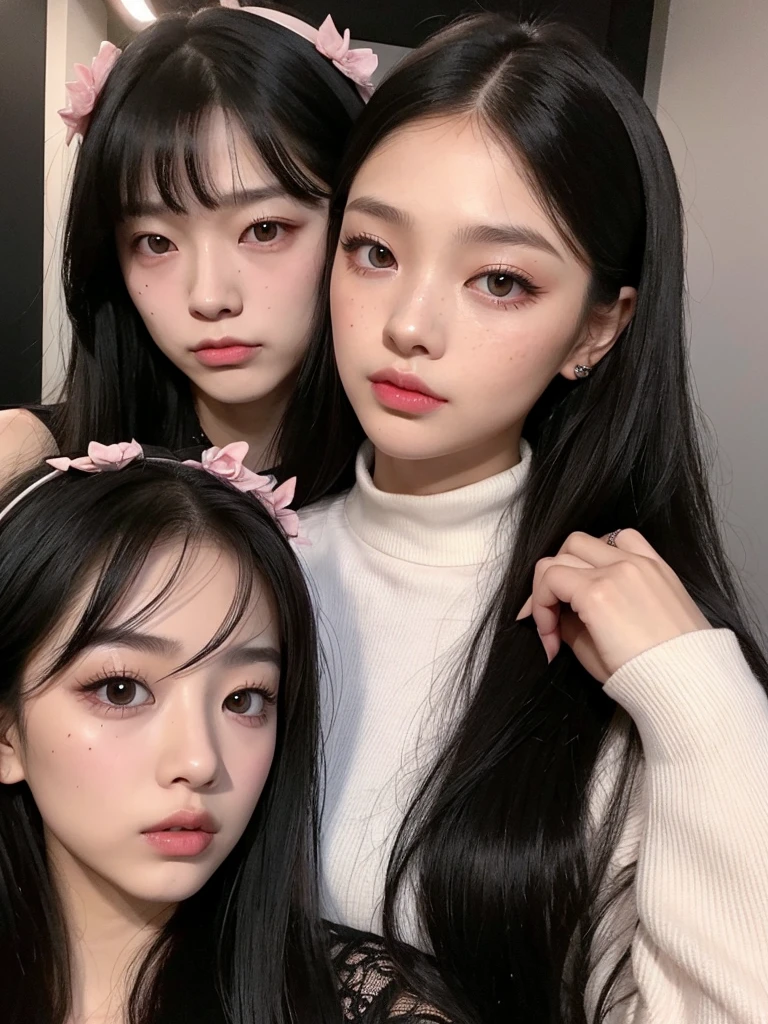 Kim Jennie with dark black hair, with curlers at the ends of dark black hair, with a star clip in her dark black hair, light colored eyes, pretty eyes, crying eyes, pretty, upturned nose, Pretty lips, pink lips, heart and cupid shaped lip, pretty skin, pale, white skin, with moles and freckles all over his face, soft pink blush on the cheeks, natural pink blush, dark and gothic makeup, Gothic Jennie, while she is with a cute boy by her side, with a cute asian boy standing next to her, while there is a man&#39;s torso, while the man&#39;His hand is on her jaw., beautiful man&#39;s hands, with a gothic boy, nice collars, marked collar, frown, angry look, with a kiss necklace, a pretty kiss necklace, while showing her naked breasts, while her nipples have two pink paper hearts, She has nipples with pink paper hearts (big breasts, soft breasts, nice breasts, natural breasts), topless, nude, with a boy by his side, with her boyfriend, looking to the camera, autophoto