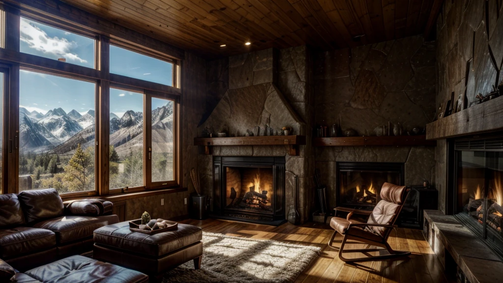 arafed living room with a fireplace and a large window, cozy environment, cozy contemporary living room, floor to ceiling window, natural window lighting, architectural visualization, detailed natural lighting, dramatic rendering, relaxing environment, warm interior, integrated in the mountains, cozy living room, realistic scene, big windows, matte painting unreal engine, enscape render, fireplace 4K resolution. --ar 16:9