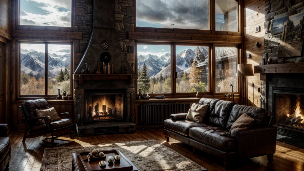 arafed living room with a fireplace and a large window, cozy environment, cozy contemporary living room, floor to ceiling window, natural window lighting, architectural visualization, detailed natural lighting, dramatic rendering, relaxing environment, warm interior, integrated in the mountains, cozy living room, realistic scene, big windows, matte painting unreal engine, enscape render, fireplace 4K resolution. --ar 16:9