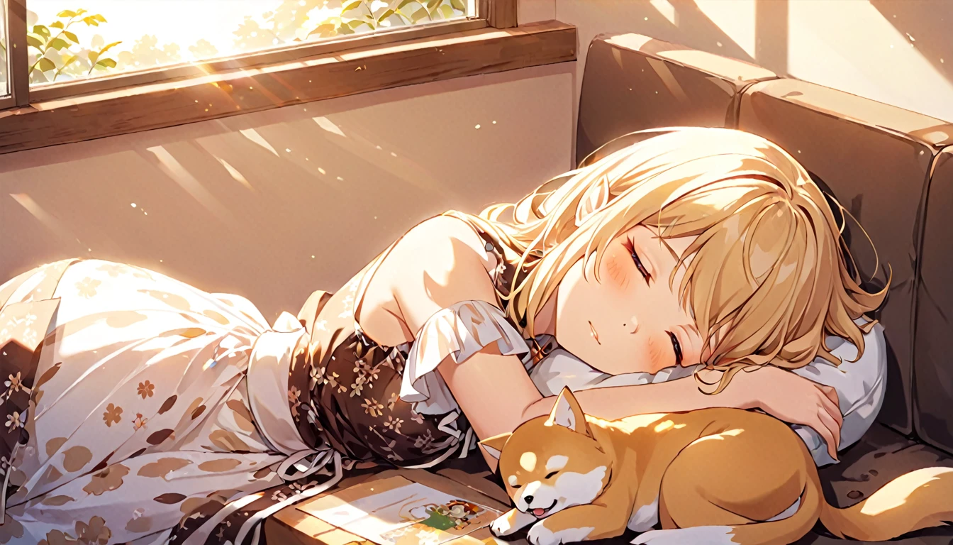 Japanese animation style、Digitally created illustration of an adult elf woman sleeping with her eyes closed on a sofa in a sunny coffee shop、She is wearing a frilly silk dress、Sleeping with her pet Shiba Inu、The Shiba Inu needs to sleep curled up next to her.、Relaxed facial expression、Long, loosely wavy blonde hair、Dappled sunlight coming through the window、The soft morning light shines in、Calm atmosphere、Detailed and clear drawing、Warm and gentle colors、Drawing from a top-down perspective