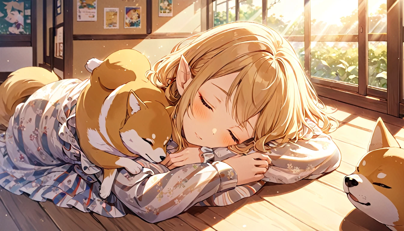 Japanese animation style、Digitally created illustration of an adult elf woman sleeping with her eyes closed on a sofa in a sunny coffee shop、She is wearing a frilly silk dress、Sleeping with her pet Shiba Inu、The Shiba Inu needs to sleep curled up next to her.、Relaxed facial expression、Long, loosely wavy blonde hair、Dappled sunlight coming through the window、The soft morning light shines in、Calm atmosphere、Detailed and clear drawing、Warm and gentle colors、Drawing from a top-down perspective