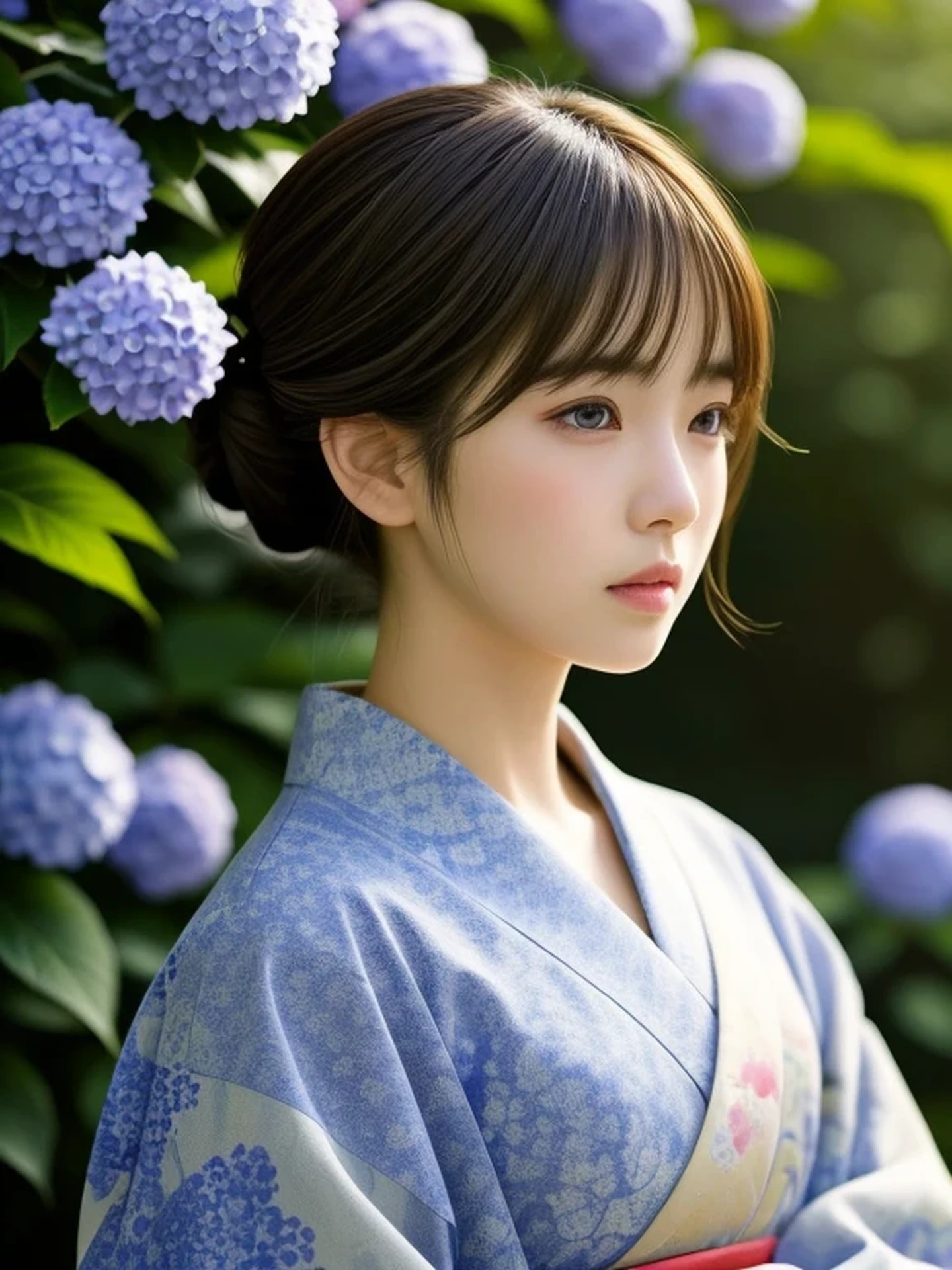1 Japanese girl, (looking away:1.4), (upper body shot:1.2), Beautifully detailed eyeballs, catchlight in the eyes, Realistic digital painting of a woman portrait, Shy, Cute, open mouth to say something, sad, brown eyes, (half updo,:1.1), (light brown brunette hair:1.3), (Highly detailed skin:1.2), Mystical style, Global Illumination, Traditional Japanese floral printed Kimono, A silk kimono with a deep indigo base. A garden with many blooming hydrangeas