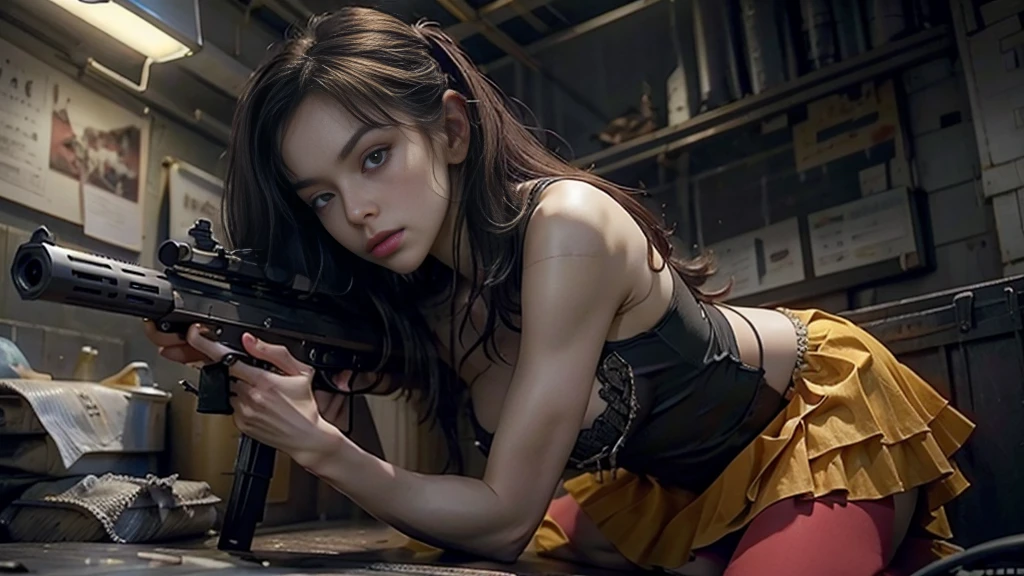 engine unreal:1.4,Ultra-realistic CG K, photorrealistic:1.4, texture skin:1.4, Masterpiece artwork:1.4,posing behind a beautiful woman holding a gun, , assault rifle, rifle kalashnikov, trigger_discipline, pronto com lingerie babydoll、sexy dress,Cyberpunk style yellow short clothes, red pantimedia , blue mini skirt, panty tip showing