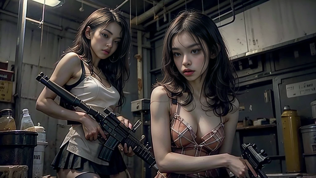 engine unreal:1.4,Ultra-realistic CG K, photorrealistic:1.4, texture skin:1.4, Masterpiece artwork:1.4,posing behind a beautiful woman holding a gun, , assault rifle, rifle kalashnikov, trigger_discipline, pronto com  babydoll、 dress,Cyberpunk style yellow short clothes, red pantimedia , blue ,  tip showing