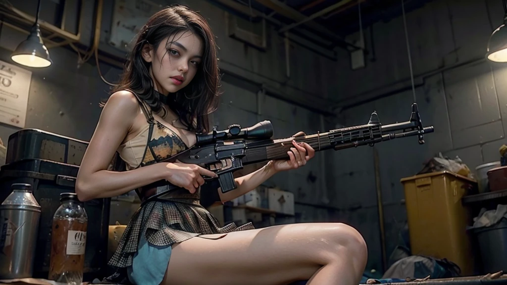 engine unreal:1.4,Ultra-realistic CG K, photorrealistic:1.4, texture skin:1.4, Masterpiece artwork:1.4,posing behind a beautiful woman holding a gun, , assault rifle, rifle kalashnikov, trigger_discipline, pronto com lingerie babydoll、sexy dress,Cyberpunk style yellow short clothes, red pantimedia , blue mini skirt, panty tip showing