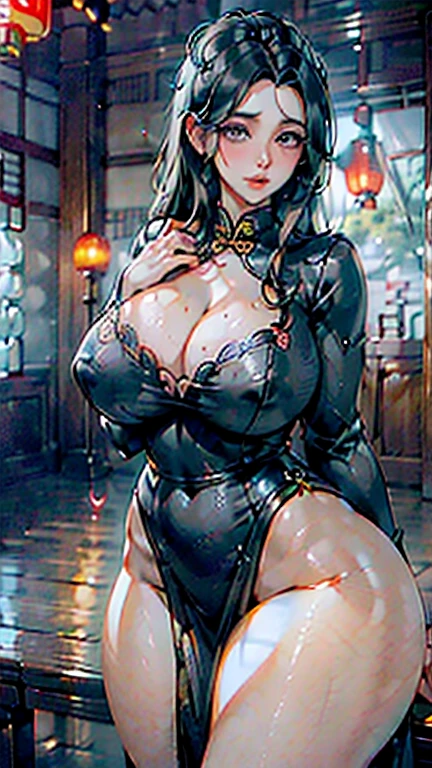 (masterpiece:1.2, best quality),(Practical, photoPractical:1.4),1 female,Mature woman,30 years old,big eyes,Long eyelashes,(thick lips),Black Hair,Feel free to hairstyle,Beautiful skin,Glowing skin,Beautiful female hands,Detailed hand drawing,Beautiful legs,(whole body),rest(cheongsam),(In the background is a Chinese room),(((Background blur:1.5))),(((Hand on))),((Full and soft breasts,)))(((Large Breasts))) (((Cleavage)))