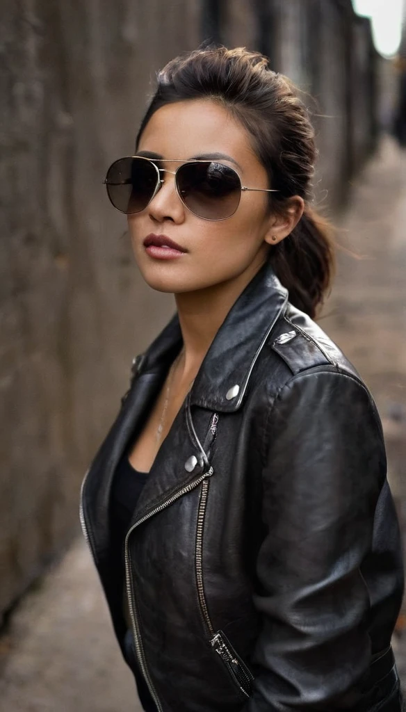 The image features a close-up profile photo from high angle above of a woman wearing sunglasses and a leather jacket. The woman is looking down at something. The sunglasses are dark and the woman's face is partially obscured by them. The background of the image is dark and smoky, which adds to the overall mood of the scene. The woman's attire, including the leather jacket, suggests that he might be in a professional or high-stakes environment. 1girl, female focus, solo, sunglasses, jacket, leather jacket