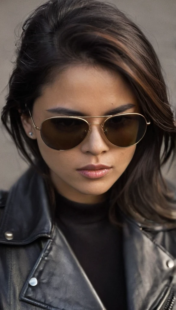 The image features a close-up profile photo from high angle above of a woman wearing sunglasses and a leather jacket. The woman is looking down at something. The sunglasses are dark and the woman's face is partially obscured by them. The background of the image is dark and smoky, which adds to the overall mood of the scene. The woman's attire, including the leather jacket, suggests that he might be in a professional or high-stakes environment. 1girl, female focus, solo, sunglasses, jacket, leather jacket