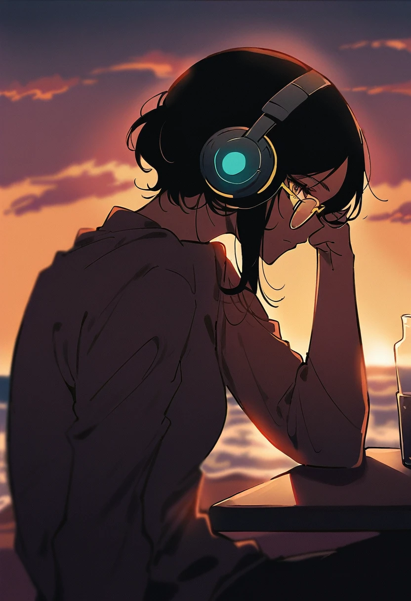 (blurry background:1.3), (extremely detailed fine touch:1.3), (2D:1.3), ///, kawaii girl, short black hair, (((yellow glasses:1.3))), underrim, (headphones:1.2), black cat, looking out at the sea, drink in a plastic bottle, sea sparkling in the setting sun, back view