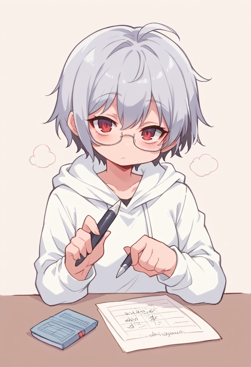 ,NSFW,1girl,Silver Hair,Red eyes,Curly medium short hair,Square glasses,Wearing a large white coat,hoodie,,Dairy-free,garter belt,Sit on a chair,desk,Character portrait,full Art,hot pants,The background is a war room filled with surveillance monitors.,machine,Holding a pen,I am writing something