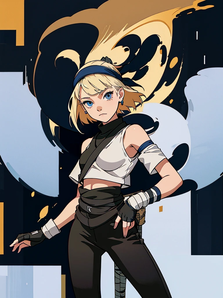 young girl, Blonde, blue eyes, bangs, short shoulder length hair, makeup, big breasts, small waist, flat stomach, Wide hips, big thighs, ninja, loose black pants, below the waist, foot bandages, white cropped t-shirt, short sleeves, gloves, ninja style, konoha bandana on the waist, Leaf Village, stop looking at the village, perfect lighting, detailed shadows, high quality, HD, 4k