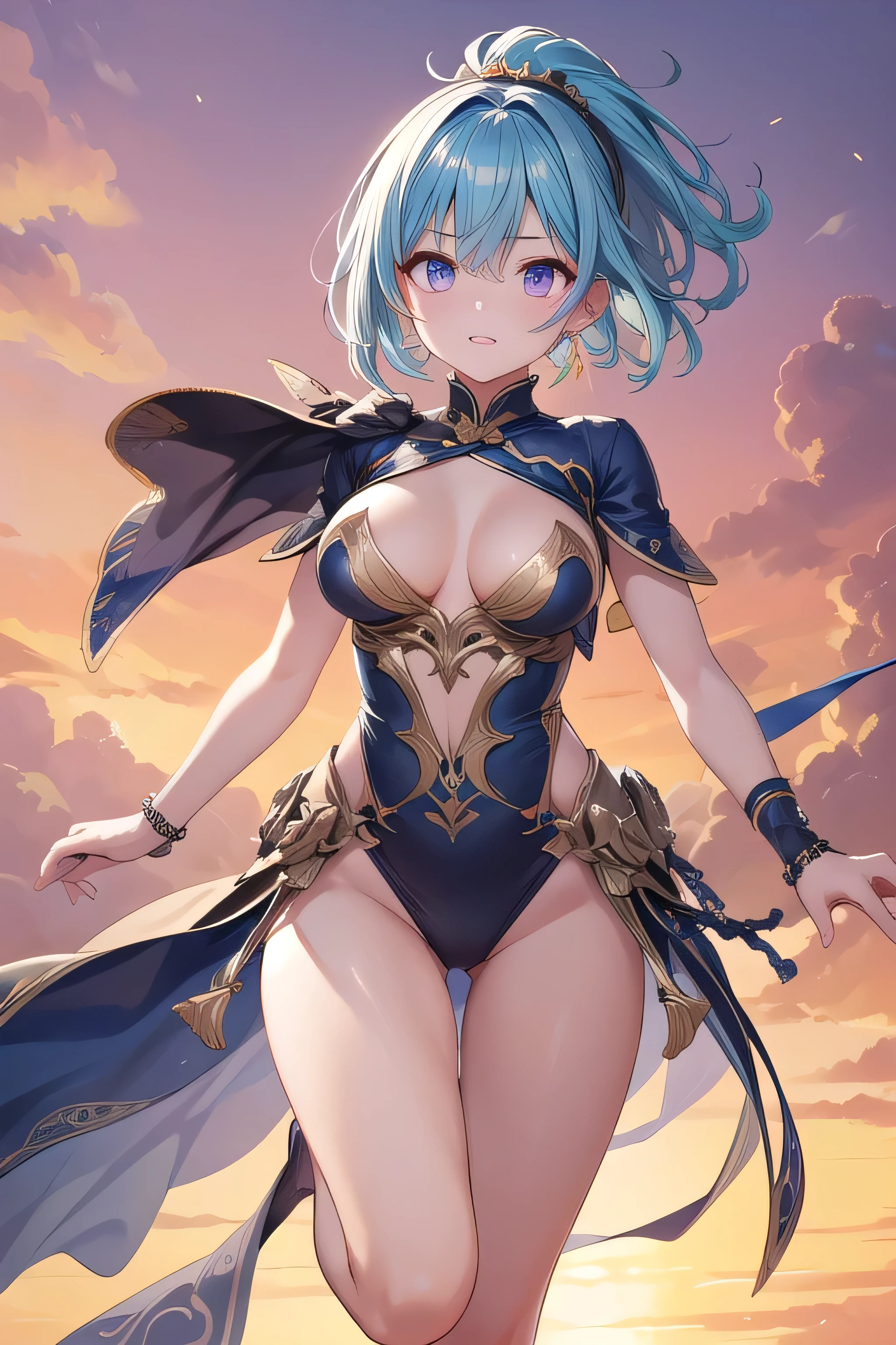 最high quality、high quality、best image quality、8K、最High resolution、High resolution、最high quality、masterpiece、whole body photos、 skin in every detail、 face in every detail、 eyes in every detail、 lips in every detail、 teeth in every detail、 ears with attention to detail、 hair with detailed details、arms with attention to detail、 hands with attention to detail、 fingers with attention to detail、 (fine hands、thumb１reference４)、 legs with attention to detail, feet with attention to detail, 8k, ultra HD, sharp focus, details hair, beautiful hair, details face, beautiful detail eye, details pupil, perfect hand, vibrant colours, soft lighting.

1girl, short hair, hair accessory, hair ornaments, sky blue hair, single ponytail hair, beautiful hair, lilac eyes, glow eyes, big breast, small thigh, slim body, random clothing, fantasy clothes, sexy, seduction

wind blows, sunset, evening, clear sky,