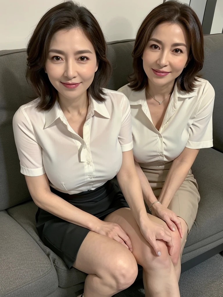 最high quality, 8K, Vibrant, Sharp focus, high quality, High resolution, (Middle-aged women), (49 years old), ((Wrinkles around the eyes)), ((wrinkles around the mouth)), (whole body), (Very slim and delicate body), Thin and beautiful legs, Thighs, High heels, Highly detailed eyes, Thick lips, Plump face, Short sleeve shirt with buttons and collar, Tight Skirt, Short Hair, A kind smile, Big Breasts, (Saggy breasts:1.2), Erect nipples, office