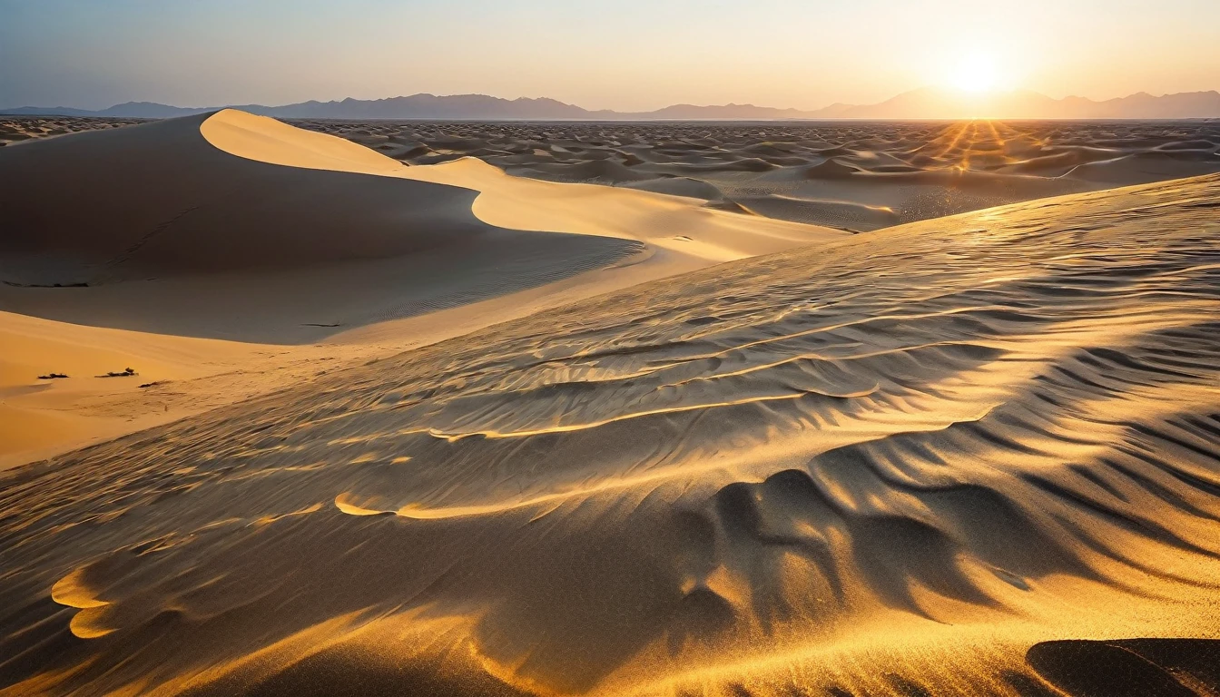 Desert setting with a vast expanse of golden sand dunes. Ao fundo, Huge wind-sculpted rock formations add a sense of grandeur and isolation. A lonely character walks towards the horizon, leaving footprints in the sand and casting a long shadow. Soft sunlight creates an ethereal effect, illuminating the dunes and enhancing the texture of the sand. The atmosphere is serene and contemplative, evoking a feeling of journey and exploration in an inhospitable and vast environment.