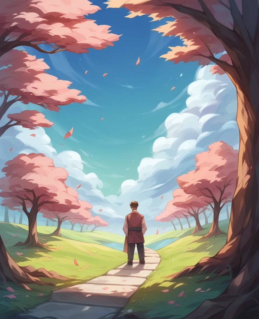Visualize a serene Zen garden with a cherry blossom tree in full bloom, its petals softly falling. The boy stands near the tree, captivated by a single falling leaf. The background has a subtle overlay of matrix code in green and black, blending nature with a digital feel.