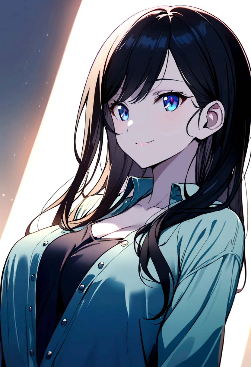 anime girl, beautiful, long black hair, navy blue eyes, slender, Casual clothes, big chest, SMILE, captivating face, very white light skin