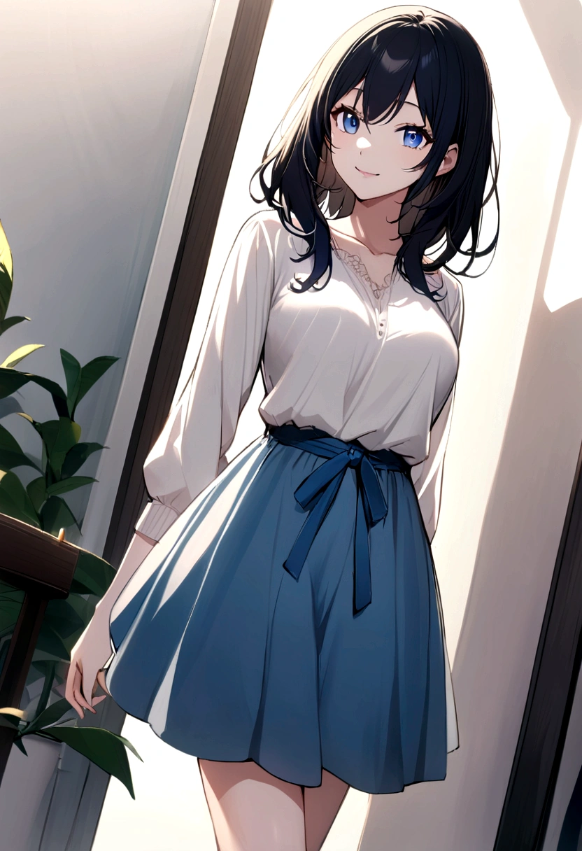 anime girl, beautiful, long black hair, navy blue eyes, slender, Casual clothes, big chest, SMILE, captivating face, very white light skin
