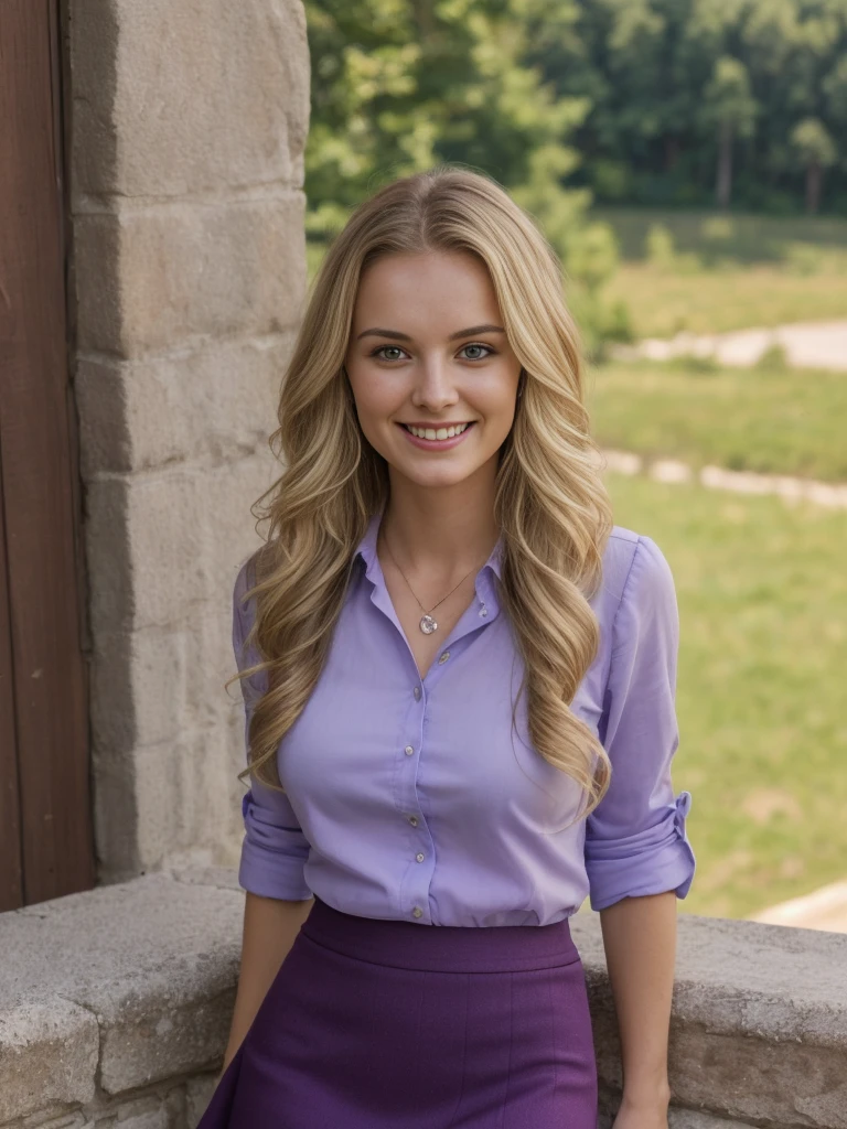 1 girl, solo, ((ugly:1.4)), ((Croatian woman)), sharp image, name is Sauri, (25 years old), (((consistent face and image))), (long blonde wavy hair), (((Croatian face and nose))), (upper body and upper legs)), (slim), (wearing purple blouse and skirt), (overlooking outside Burgundy), smiling, ((mature and smirking)), ((wide angle shot)), slender