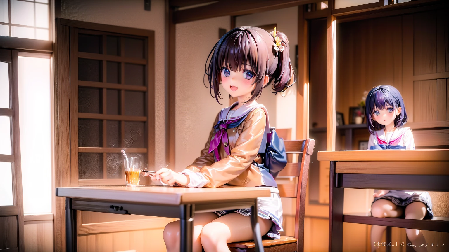 10 year old 、Cute girl、Primary school students、1 Girl, Highest quality, Surprisingly complex, Round eyes, Happy, :D, Mid-chest, Light brown hair, Medium Hair, , Tie your hair up