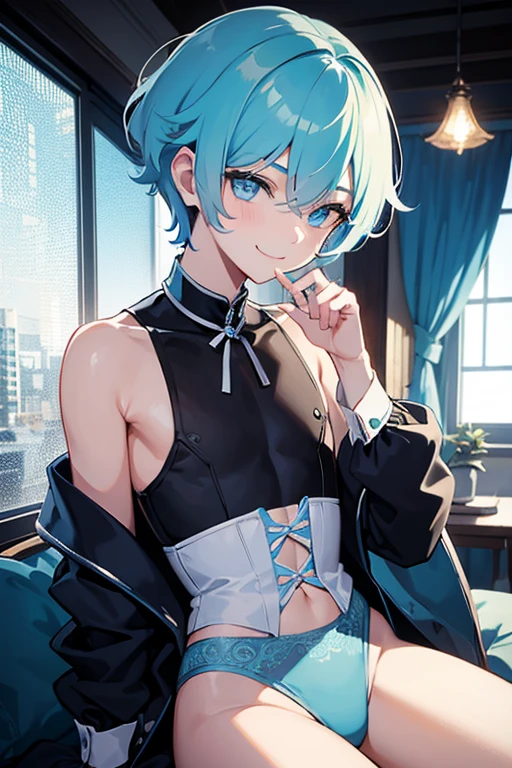 1boy, {boy,man,femboy,Boys short hair,Provocative smile,A flattering and charming smile,Light blue lace men's underwear,emaciated,Thin waist,紧身的Sexy裤袜,Submissive,Submissive,Vulnerable,Flat chest,Sissy,sissy,Tomgirl,Sissy, Feminization, slender, Bonny, Smooth, Effeminate.Petite and cute,flat chest,Male chest,Demilking} boy,femboy,小man风情,Fragile and charming,Thin and tender,sissy,Tomgirl,femboy,Sissy,a flat chest,Sexy、Hot、seductive,Beta,Ready to please the mistress