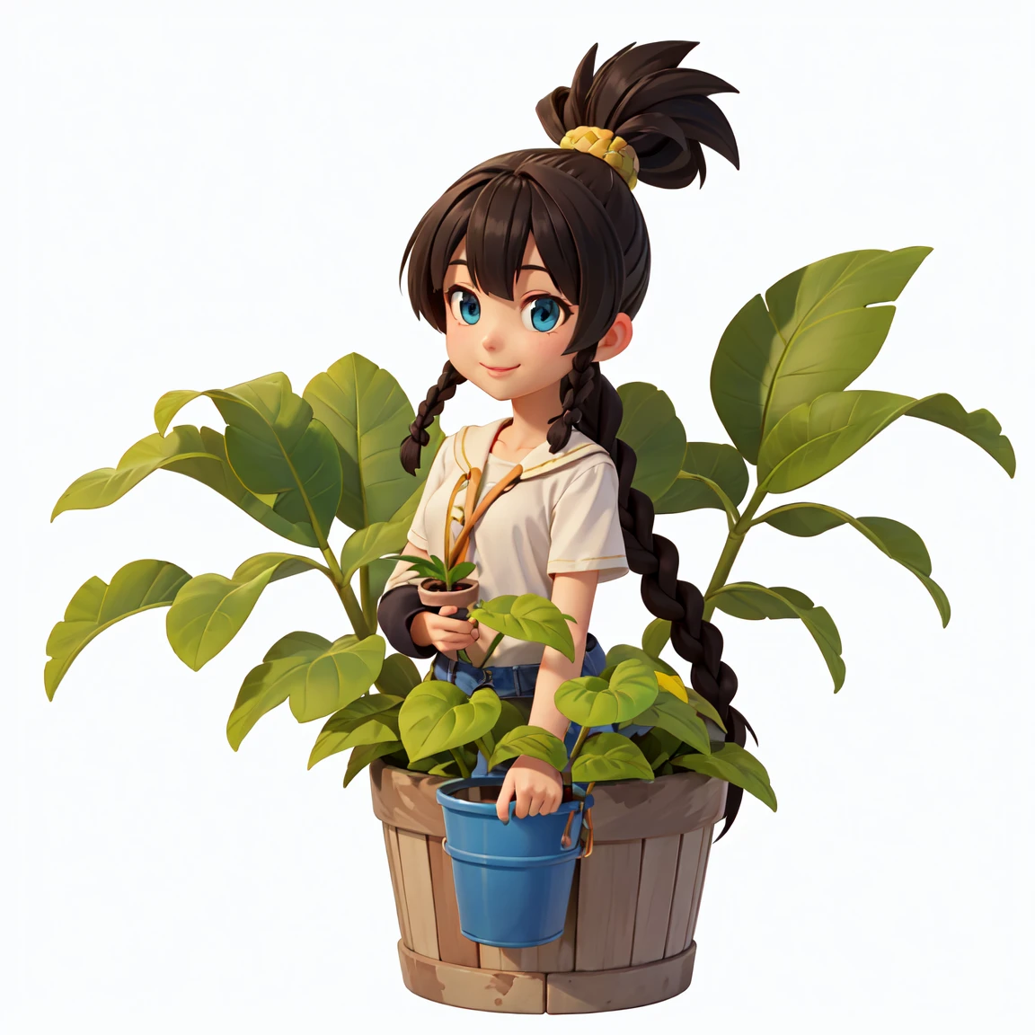 A young woman，Black hair，Braid on the chest，Holding a plant in a bucket, High-quality fanart, anime lush john 8k woods, Anime cute art style, [[[[Smiling happily]]]], ,Pure white background, As anime character, Gu Weiss, High-quality anime art style