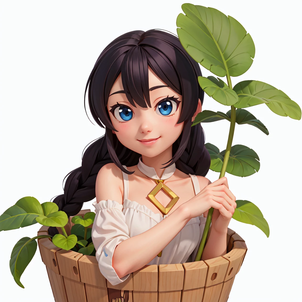 A young woman，Black hair，Braid on the chest，Holding a plant in a bucket, High-quality fanart, anime lush john 8k woods, Anime cute art style, [[[[Smiling happily]]]], ,Pure white background, As anime character, Gu Weiss, High-quality anime art style