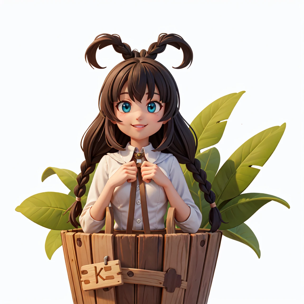 A young woman，Black hair，Braid on the chest，Holding a plant in a bucket, High-quality fanart, anime lush john 8k woods, Anime cute art style, [[[[Smiling happily]]]], ,Pure white background, As anime character, Gu Weiss, High-quality anime art style