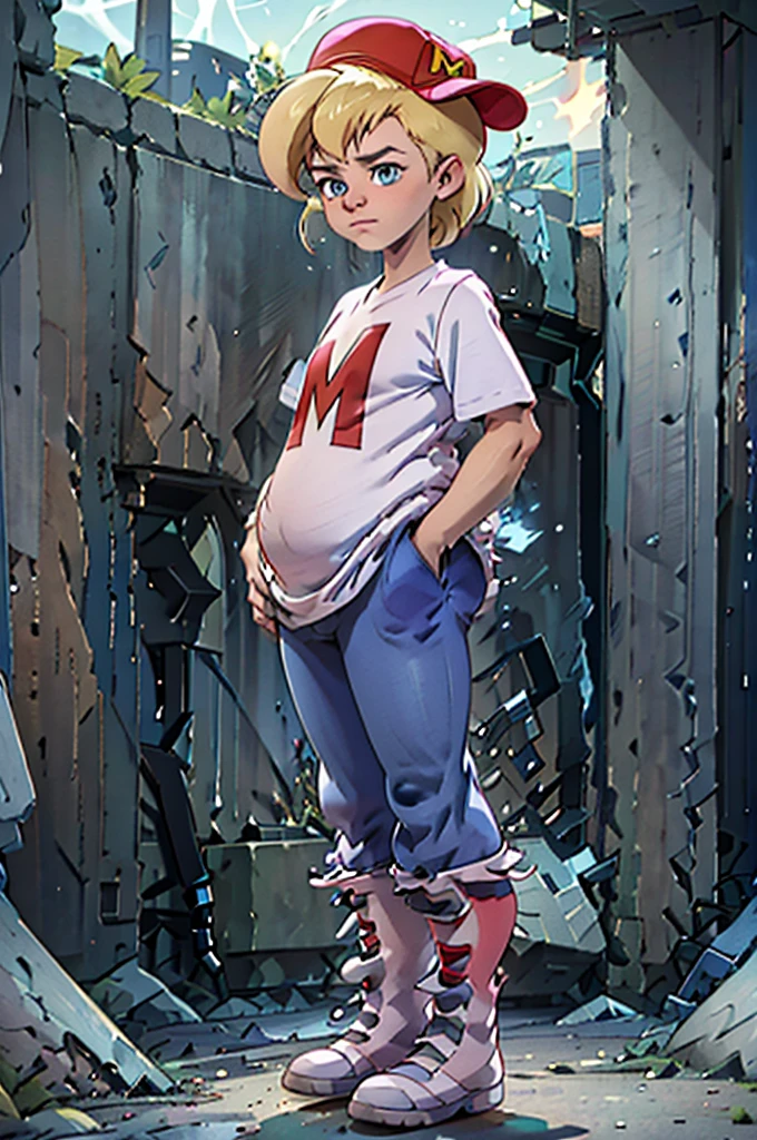 (masterpiece, best quality), 1girl,  1girl, mighty max, blonde hair, red hat, white shirt, blue pants, blue eyes,  short sleeves,  hands in pockets, sideways hat, baseball cap, hyper-pregnant ****,  short stature 